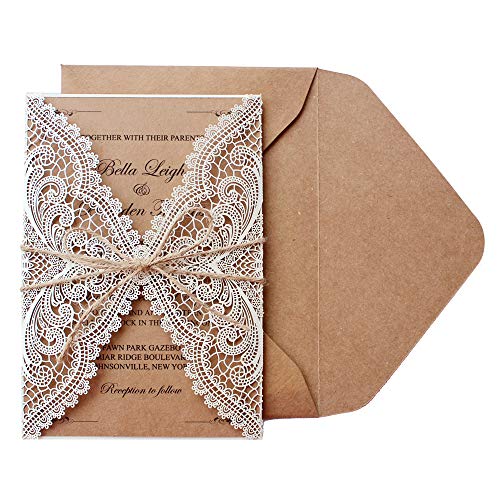 Picky Bride 25 Pcs Rustic Wedding Invitations Cards Vintage Kraft Paper Wedding Invite Cards Envelopes Included 126 x 185 mm - Set of 25 pcs (Blank Invitations) - Thumbnail 3