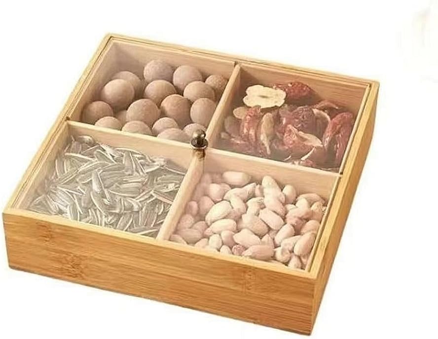 Solid wood simple living room Separate 4-girds dry fruit box nut storage platter, party candy box dry fruit tray (with lid cover)