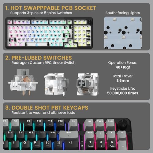 K742 Tastiera da gaming meccanica senza fili con manopola girevole, cavo Bluetooth 5.0/2,4 GHz/USB-C, tastiera color crema con tastierino numerico per PC, retroilluminazione RGB hot-swap - Tastiera gaming - Immagine 5