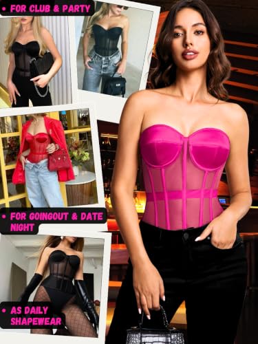Image of Kaei&Shi Sheer Mesh Overbust Corset,Sexy Strapless Lace Up Satin Bra Corsets Top For Women Shapewear