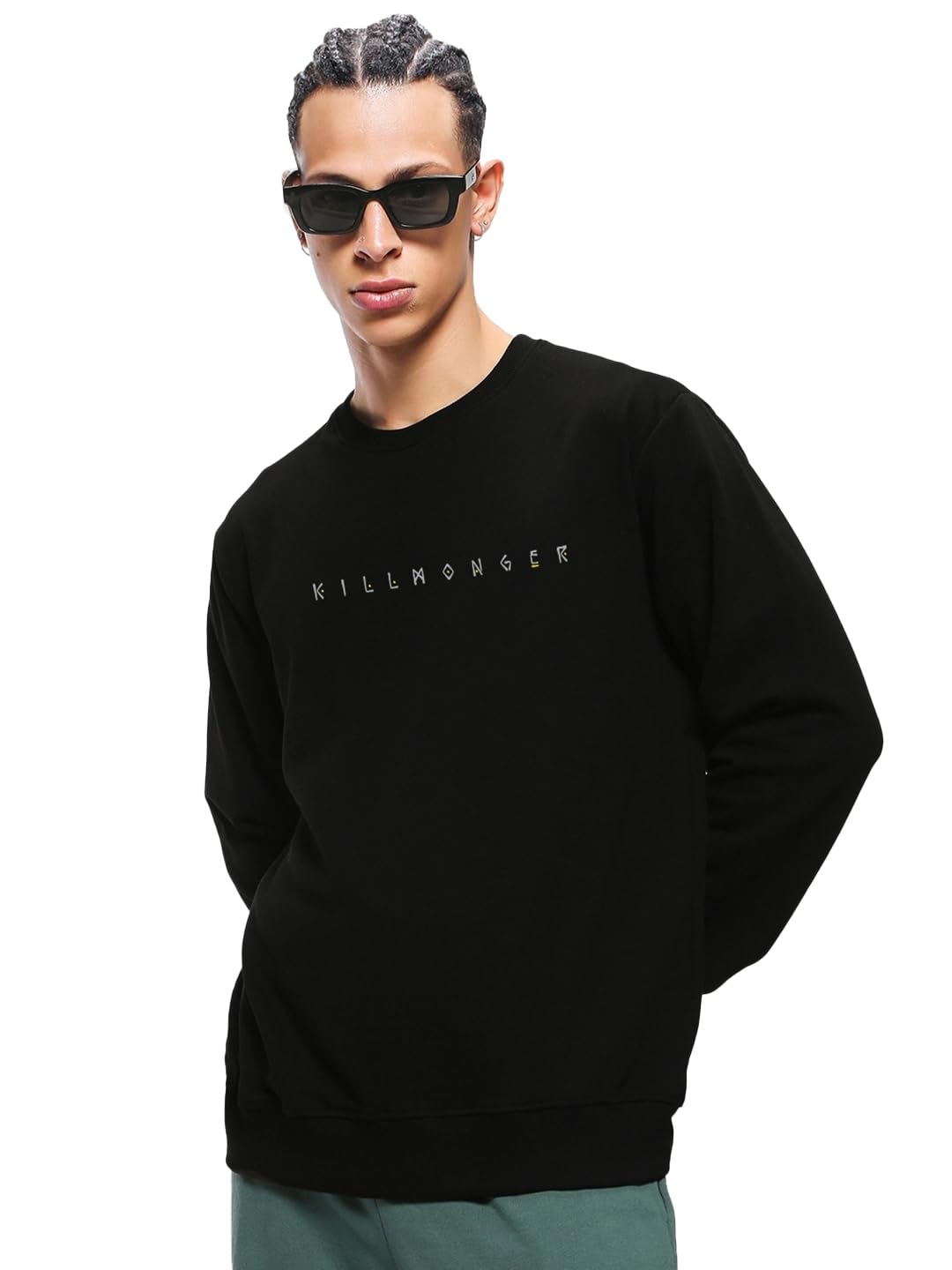 Bewakoof Men's Graphic Print Regular Fit Full Sleeve Round Neck Fleece Sweatshirt Black in black