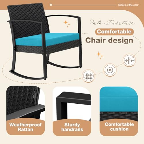 Image of Greesum 3 Piece Patio Furniture Set, All-Weather Imitation Rattan Conversation Set, Outdoor Rocking Chair Bistro Set with Glass Top Coffee Table for Pool, Deck, Porch, Garden or Balcony, Blue