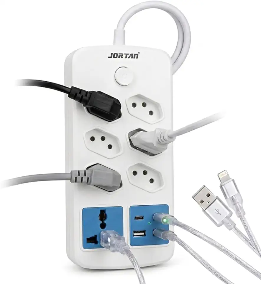 Filtro de Linha Extensão Elétrica de 6 Tomadas 2 Entradas USB + 2 Entradas Tipo C Bivolt 2 Metros 12w 2.4a JadeVic