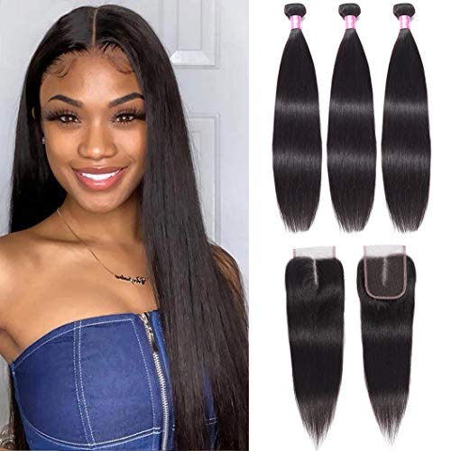 10a Brazilian Straight Human Hair Bundles with Closure 16 18 20 inch Bundles with 12 Closure 4x4 Virgin Straight Weave Hair Human 3 Bundles with Closure Grace Length Unprocessed Straight Human Hair