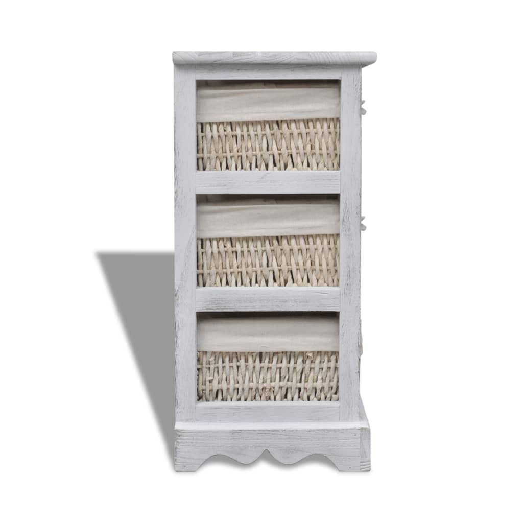 Armario de madera con 3 cestas trenzadas en color blanco, estantería de madera resistente con cestas de almacenamiento y decoración de la habitación de estilo rústico