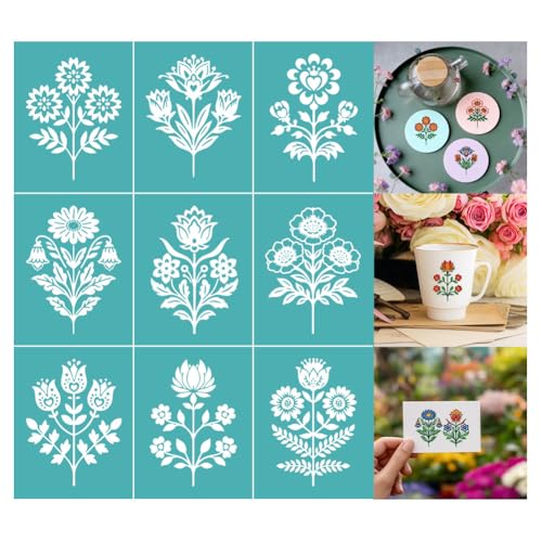 GOMAKERER 2 Sheets Vintage Floral Silk Screen Stencil, Daisies Tulips Self-Adhesive Silk Screen Printing Stencils Reusable Mesh Stencil for Painting on Wall, Wood, T-Shirt, Home Craft Decor