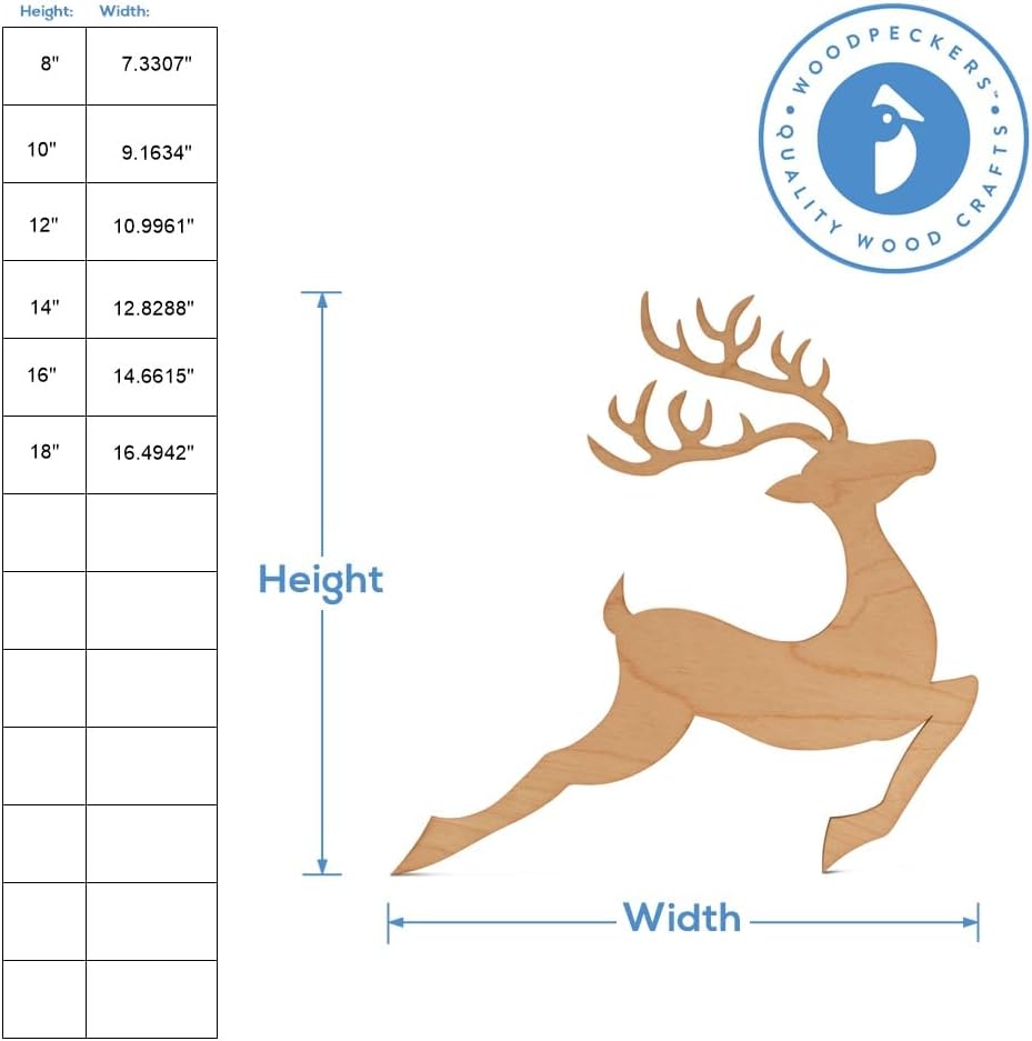 Reindeer Cutout 10 inch, Pack of 10 Unfinished Christmas Wood Cutouts for Crafts, Door Hangers, and Party Décor, by Woodpeckers
