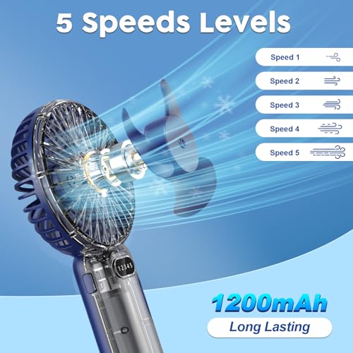 YTGUORKC Portable Handheld Fan, 5 Speed Personal Handheld fan and Desktop with Base, USB Rechargeable Battery Operated Mini Small Hand Fan With LED Display for Travel Indoor Outdoor