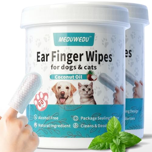 Ear Cleaner Finger Wipes 120 Counts, Dog Ear Cleaner, Grooming Kit Care for Dogs and Cats, Soft & Easy Otic Cleaning Pads, Remove Wax, Dirt & Stop Smelly, Itchy, Non-Irritating, Mint Scent M