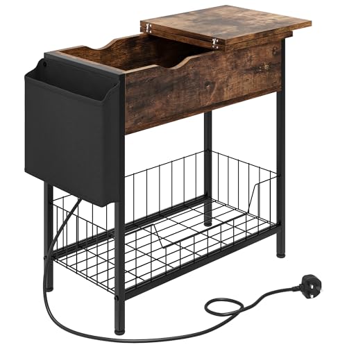 YITAHOME Side Table, Bedside Table with Storage Space, Metal Storage Basket, End Table with Charging Station, 2 USB Ports & Power Outlets, Side Storage Bag, Coffee Table for Living Room Rustic Brown