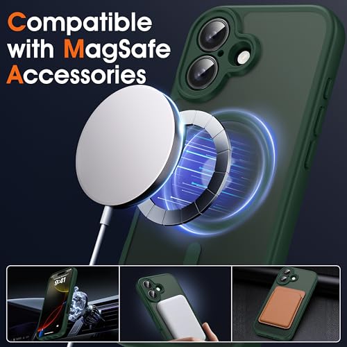 Image of Oterkin Magnetic for iPhone 17 Case Matte,Upgraded Full Camera Protection Compatible with MagSafe Frosted Translucent Shockproof Anti-Scratch Slim Fit Case Military Grade Protection (Dark Green)
