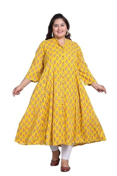 Swasti Women Printed Cotton Blend Plus Size Front Slit Kurta Yellow