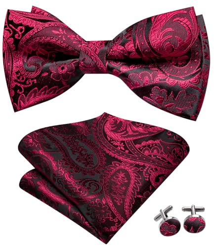 Image of Hi-Tie Bow Tie Men Pre Tied Bowtie Pocket Square Cufflinks Lapel Pin Formal Wedding Bow Ties for Men Party Tuxedo Bowtie Set,Black Red Paisley Floral