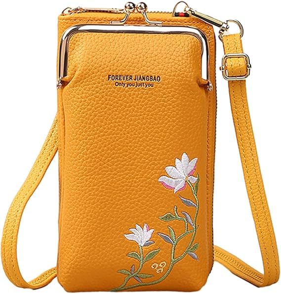 Crossbody Phone Bag for Women Gift for Girls Stylish Soft Faux Leather Mobile Cell Phone Holder Pocket Purse Wallet Bag Pouch with Zipper Sling Bag Mini Shoulder Bags with Strap Card Slots (Yellow)-image-3