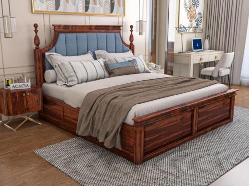 Image of Craft Solid Wooden King Size Bed with Storage | Double Bed Cot Bed with Box Storage & Blue Colour Upholstered Cushioned Headboard for Bedroom | Sheesham Wood, Honey