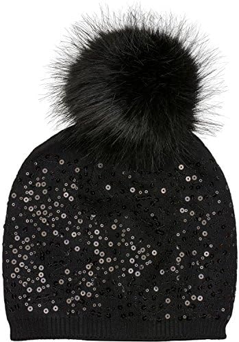 styleBREAKER fine-Knit Bobble hat with Sequins and Detachable Synthetic Fur pom-pom, Fur pom-pom Beanie, Ladies 04024134