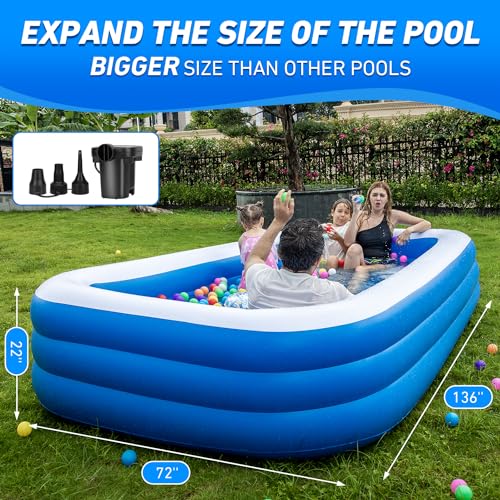 Image of Family Pool Inflatable with Pump - 136'' x 72'' x 22'' Swimming Lounge Pools for Adults Family (sea Blue)