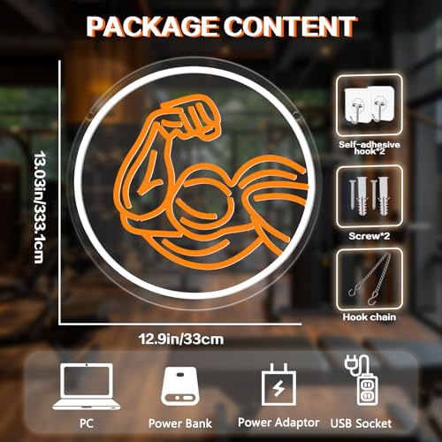 Image of Muscle Arm Neon Sign for Wall Decor - Bold USB Powered & Dimmable LED Neon Light for Gym Room, Man Cave, Garage, Fitness Studio, Birthday Gift for Bodybuilders