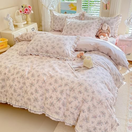 Image of VM VOUGEMARKET Lace Ruffle Duvet Cover Set Twin,Vintage Garden Floral Bedding Set,Double-Layer Gauze Cotton Soft,Breathable & Lightweight for Teen Girls-68 x86