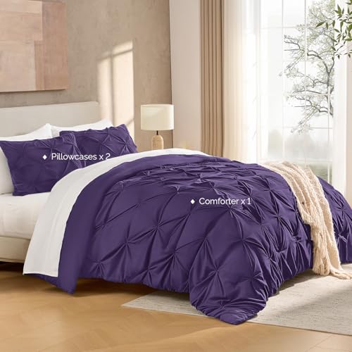 Image of Andency Full Pinch Pleat Comforter Set (79 inchx90 inch),3 Piece Lightweight Pintuck Bedding Comforters & Sets, Fluffy Down Alternative Comforter with 2 Pillow Shams for All Season,Purple