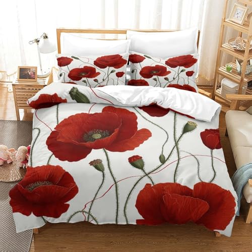 Illustration botanique housse de couette rouge 3D microfibre - 3