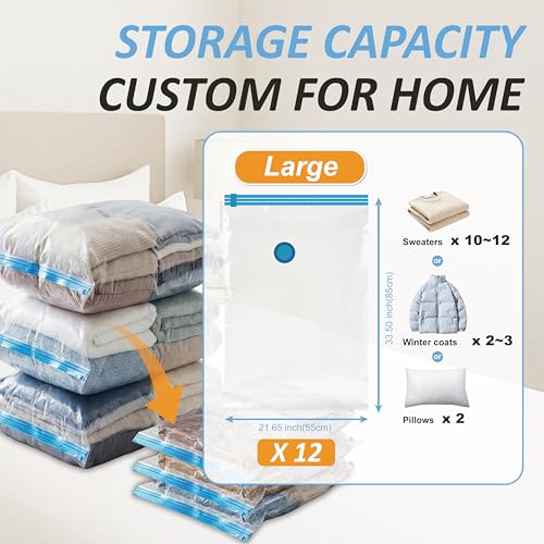 Image of Cozy Essential Vacuum Storage Bags, 80% Compression Vacuum Seal Space Saver Plastic Packaging Bags for Clothes, Blankets, Pillow, Bedding, Comforters, Sealer Clothing Storage,12 Large