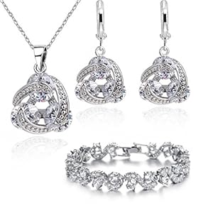 Crystalline Azuria Witte Zirkonia Bruiloft Sieradensets voor Bruid Kristallen Ketting Hanger Oorbellen Set Armband 18K Witte Verguld Kostuum Juwelen voor Vrouwen