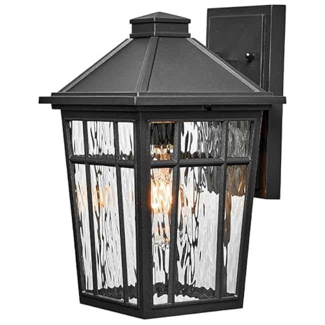 Outdoor Wall Lamps 11 Inch Outside Light Fixtures for House Black Aluminum Exterior Wall Sconce with Water Ripple Glass for Patio Porch and Garage E26 Socke Max 60W