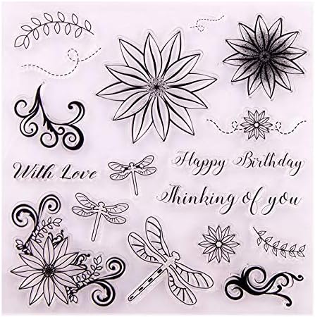 Happy Birthday with Love Thinking of You Sentiments Flowers Dragonfly Clear Stamps for Card Making Decoration and DIY Scrapbooking