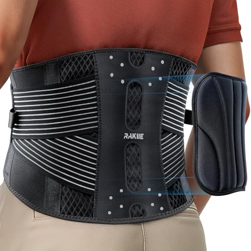 Rakiie Thin Back Brace, 6X Metal Lower Back Support for Men Women, Lightweight Lumbar Support with 3D Pad, Breathable Support Belt for Herniated Disc, Sciatica Pain Relief, Gray Size M