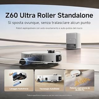 Mova Z60 Ultra Roller Standalone Robot Aspirapolvere, 26000 Pa, Lavaggio HydroForce, Tecnologia MaxiReach e AutoShield, Radar Sollevabile FlexScope, Triplo Meccanismo Antigroviglio