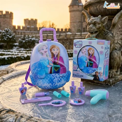 Image of Frozen 2-in-1 Backpack & Trolley Dressing Gift Set for Kids - 13 Pcs Pretend Play Makeup Kit with Electronic Dryer, Portable Beauty Vanity Suitcase for Girls Aged 3+ Years (Turkish Blue)