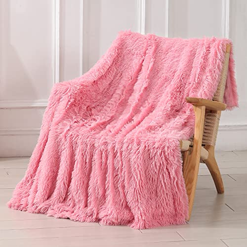 Image of Decorative Extra Soft Faux Fur Throw Blanket 50 inchx60 inch,Solid Reversible Fuzzy Double Layers Lightweight Long Hair Shaggy Blanket,Fluffy Cozy Plush Fleece Comfy Microfiber Blanket for Couch Sofa Bed,Pink