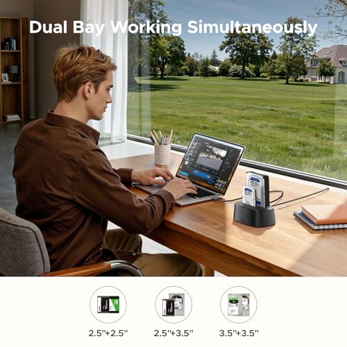 UGREEN Dual-Bay Hard Drive Docking Station for 2.5 & 3.5 SSD HDD Up to 48TB , USB C 3.0 to SATA I/II/III Hard Drive Enclosure Reader with Offline Clone and Duplicator Function Tool Free Installation - Image 3