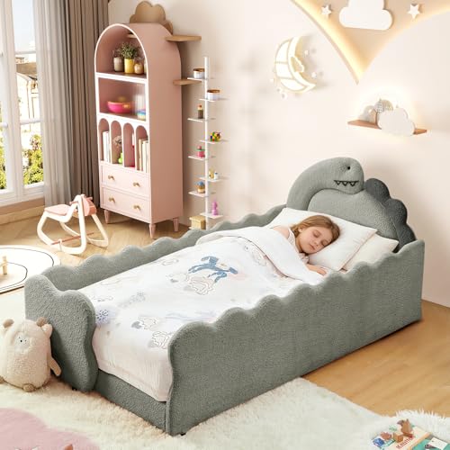 Image of Twin Size Kids Floor Bed Frame, Upholstered Montessori Platform Bed Cute Dinosaur-Shaped Daybed Frame for Girls Boys, No Box Spring Required, Grey