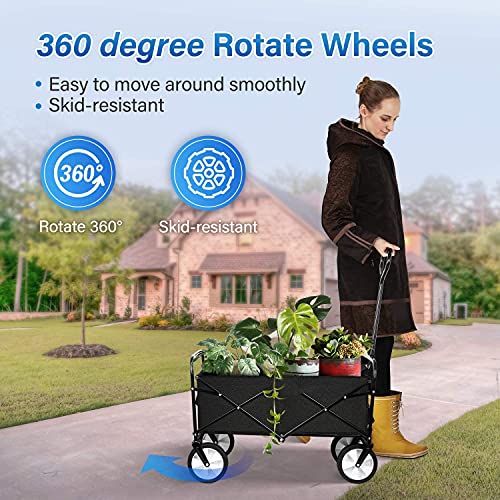 Yssoa Folding Garden Cart Pro, Collapsible Wagon With 360 Degree Swivel Wheels & Adjustable Handle, Black, 220Lbs Weight Capacity #TOP5