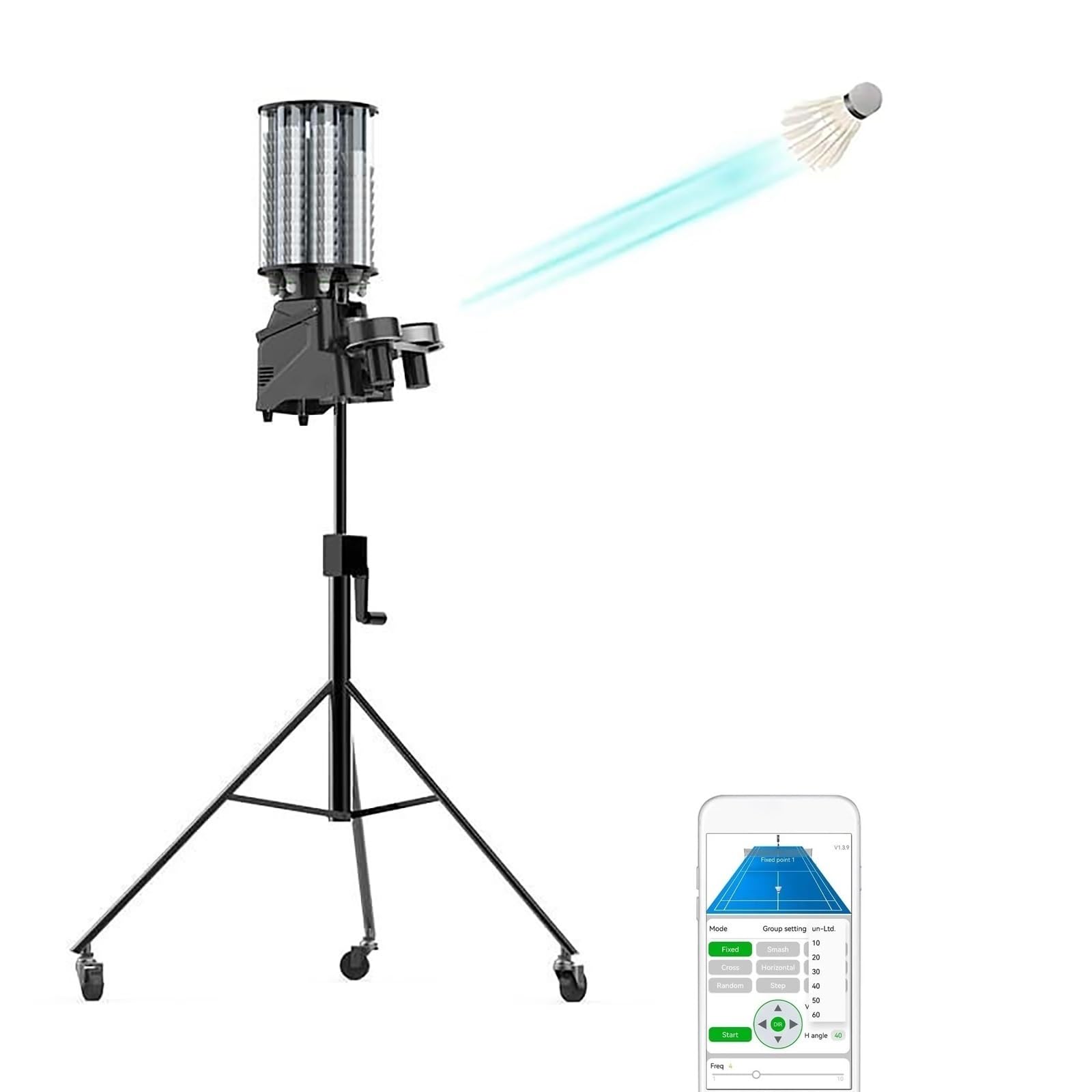 Máquina de bádminton Shuttlecock - Disparador automático de bolas con control de aplicación, velocidad y frecuencia ajustables, capacidad de 180, diseño desmontable