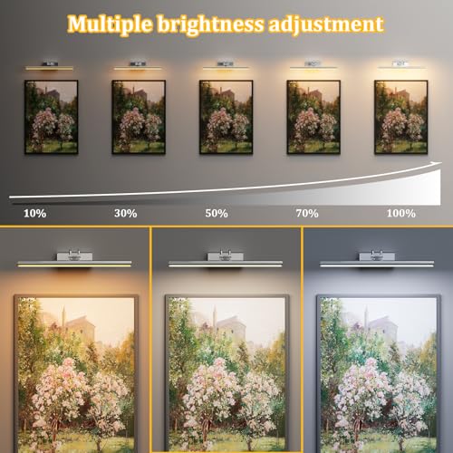 Image of Picture Light for Wall, Platinum Silver, Battery Operated, Remote Control | 4000mAh Cordless,Wall Light, Magnetic for Easy to Charge,Timers, Display for Gallery Living Room Bedroom