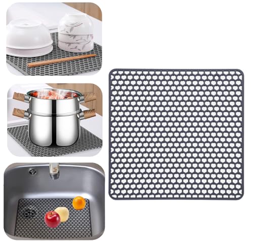 Wekuw Tapis D'évier de Cuisine 26.5 * 26.5cm Tapis Evier Cuisine Gris Tapis Egouttoir Vaisselle Decoupe Antidérapant Tapis D'évier Tranchable,Tapis D'egouttage Evier pour Fruits, Légumes et Couverts