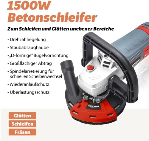 Bild 1 - FANZWORK Betonschleifer Betonfräse Sanierungsfräse Set mit Diamantschleiftopf und Absaughaube, mit Drehzahlregelung (1500W/125mm+)