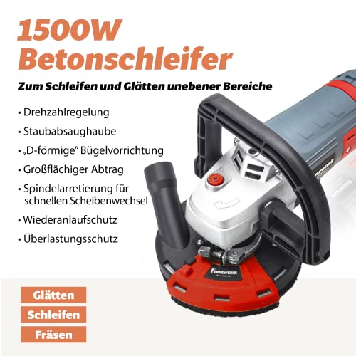 FANZWORK Betonschleifer Betonfräse Sanierungsfräse Set mit Diamantschleiftopf und Absaughaube, mit Drehzahlregelung (1500W/125mm+)