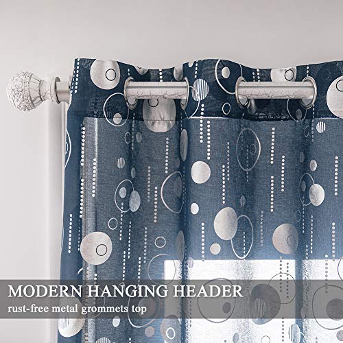 Kotile Circles Dots Curtains For Bedroom - Navy Blue Short Sheer Curtains 63 Inch Long Print Metallic Silver Geometric Circles Pattern Grommet Window Curtains For Kids Room, 52 X 63 Inch, 2 Panels #TOP1