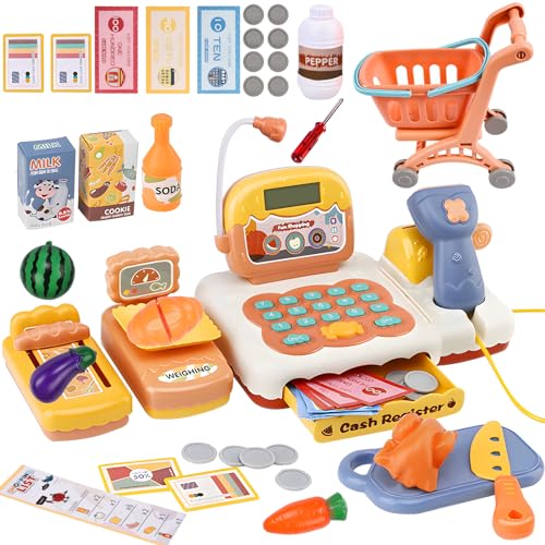 Ulikey Caja Registradora Juguetes, 46PCS Tienda Juguete Supermercado, Caja Registradora Juguete Niños con Calculadora Electrónica y Micrófono, Supermercado Tienda Juguetes Regalo para Niña Niño