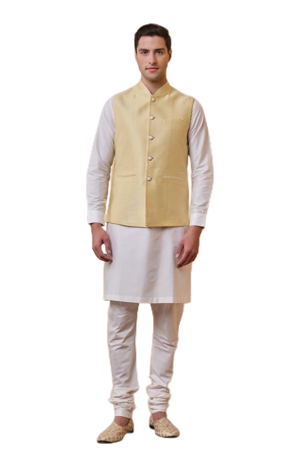 tasva Light Yellow Classic Brocade Bundi For Men-picture-22