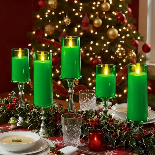 Image of Raycare Battery Operated Flameless Pillar Candles with Remote Timer, Green | LED Acrylic Festive Ambience Candle with Realistic Glow for Christmas Trees, Tables, Seasonal Parties, Family Gifts, Set of 5