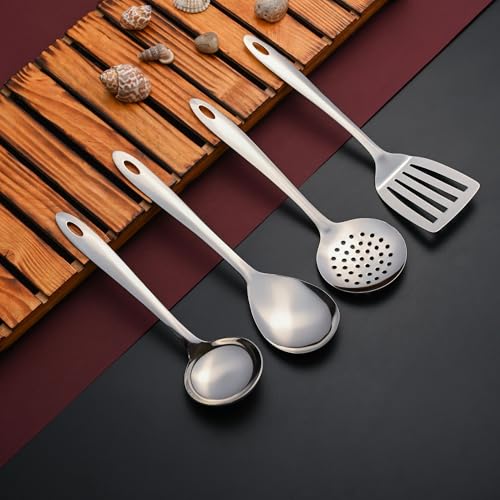 Image of Montavo by FnS 4 Pieces Stainless Steel Serving Tools Set | Soup Ladle, Skimmer Turner, Slotted Turner & Veg Serving Spoon | Food Grade Kitchen Utensil Set for Home & Dining