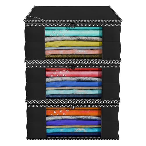 Kuber Industries Non Woven Fabric Saree Cover|Clothes Organiser for Wardrobe|Transparent Window|Extra Large, Pack of 3 (Black)-KUBMART2782