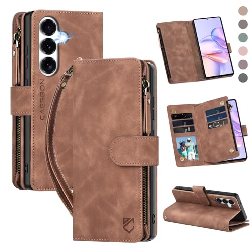 CAESBON for Samsung Galaxy S26-Wallet Case: with RFID Blocking Card Slots (6 Cards) | Soft PU Leather Magnetic Snap Zipper Pocket | Crossbody Wrist Strap Protective Phone Cover - Brown