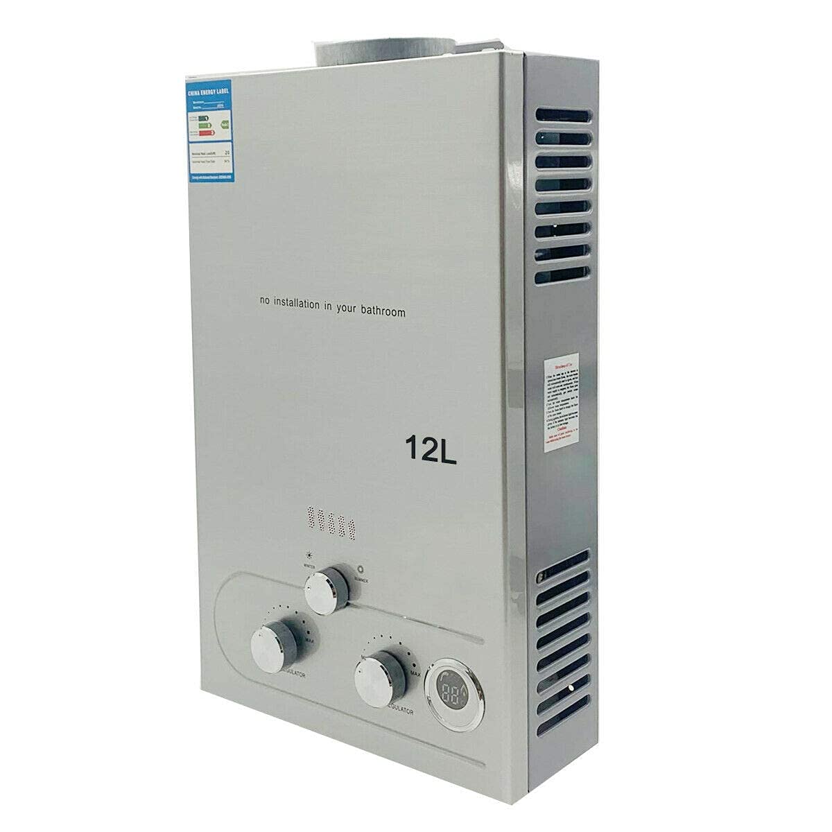 Calentador de agua de gas licuado LPG, 12 L, 24 kW, sin depósito, con cabezal de ducha galvanizado y manguera de ducha, para camping al aire libre y ducha con cremallera, color plateado
