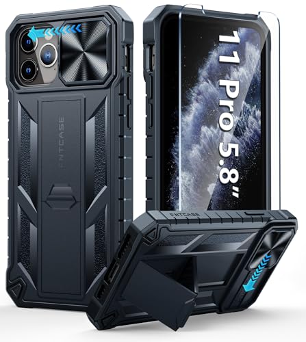 FNTCASE for iPhone 11-Pro Phone Case: Military Grade Drop Proof Mobile Cover with Kickstand & Slide|Rugged Shockproof Bumper Heavy Duty Protector Protective Cell Phonecase for Apple 11pro 5.8''-Black